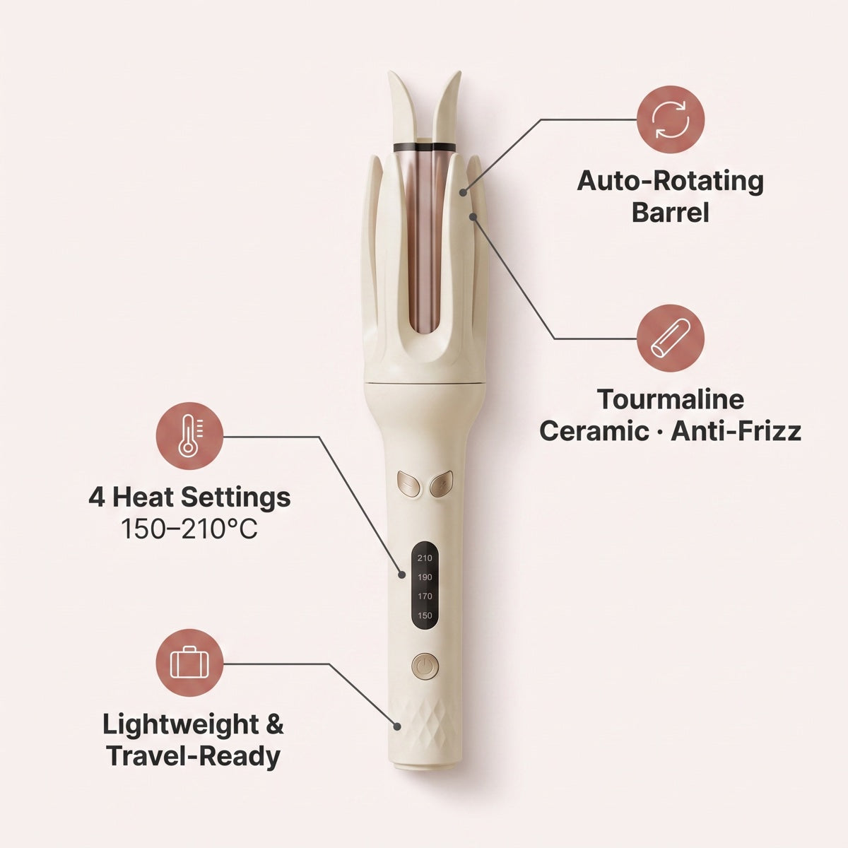 Automatic Hair Curler & Waver | No-Damage Tourmaline Ceramic | 4 Heat Settings | Pink/Purple
